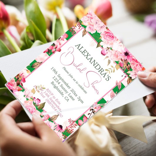 ブライダルシャワーフローラバラグリーンピンクストライプ 招待状