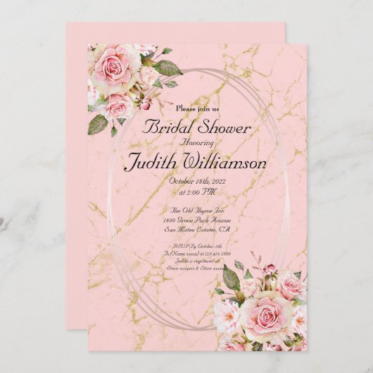 ブライダルシャワーフローラピンクフラットアナウンスメントカード 案内状 (正面/裏面)