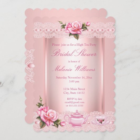 ブライダルシャワーフローラピンクローズハイティーパーティー 招待状 (正面/裏面)