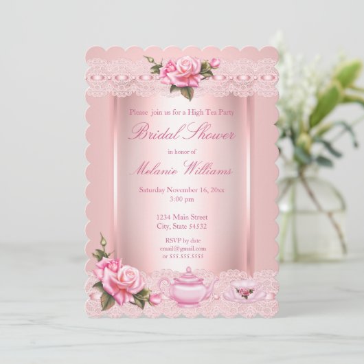 ブライダルシャワーフローラピンクローズハイティーパーティー 招待状 (スタンド正面)