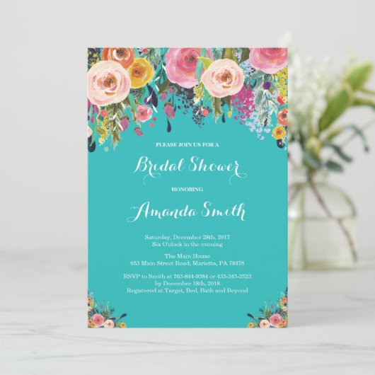 ブライダルシャワーフローラフラワーズティール（緑がかった色）ターコイズアクア 招待状 (スタンド正面)