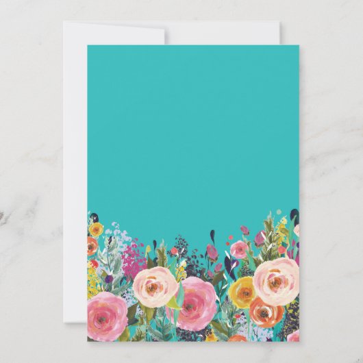 ブライダルシャワーフローラフラワーズティール（緑がかった色）ターコイズアクア 招待状 (裏面)