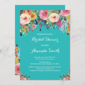 ブライダルシャワーフローラフラワーズティール（緑がかった色）ターコイズアクア 招待状 (正面/裏面)