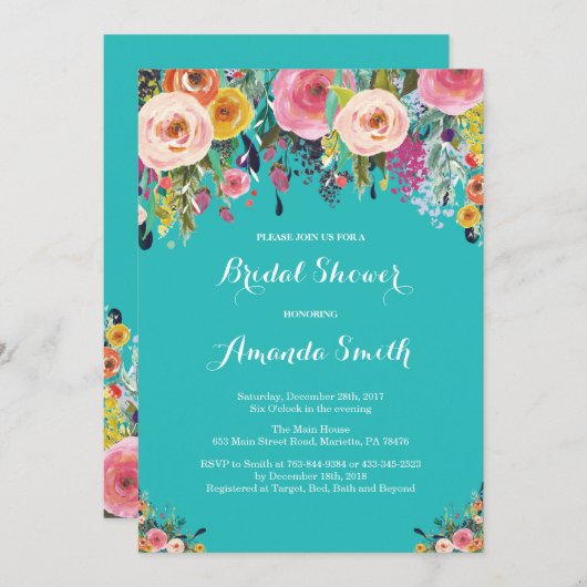 ブライダルシャワーフローラフラワーズティール（緑がかった色）ターコイズアクア 招待状 (正面/裏面)