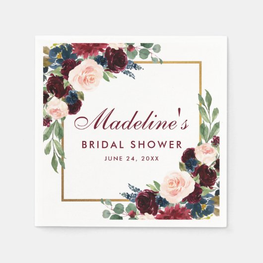 ブライダルシャワーフローラブルガンディーブルー金ゴールドホワイト スタンダードカクテルナプキン (正面)