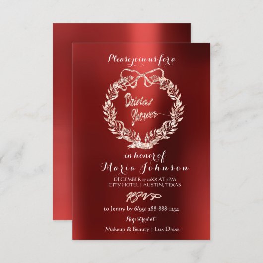 ブライダルシャワーフローラブルゴーニュリースピンクローズ 招待状 (正面/裏面)