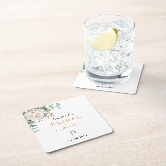 ブライダルシャワーフローラユーカリ緑エレガント スクエアペーパーコースター (インサイチュ)
