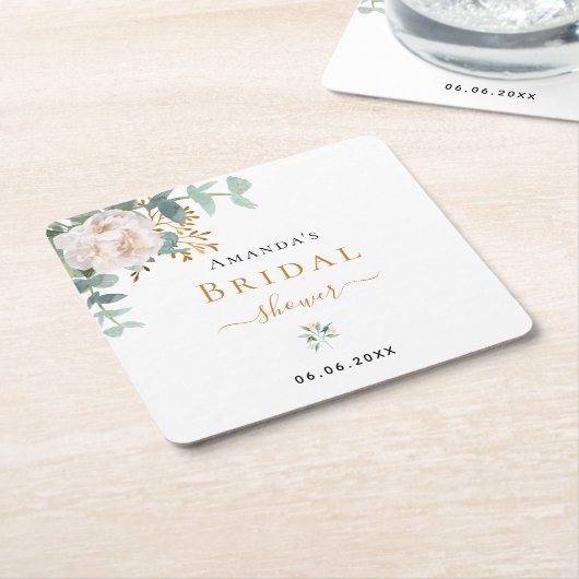 ブライダルシャワーフローラユーカリ緑エレガント スクエアペーパーコースター (アングル)