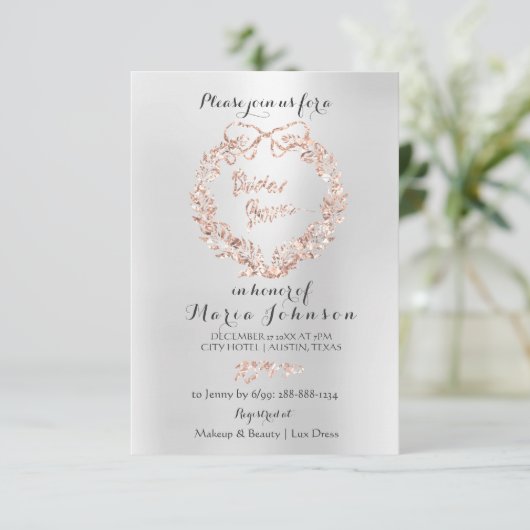 ブライダルシャワーフローラリースシルバーピンクローズ金ゴールド 招待状 (スタンド正面)