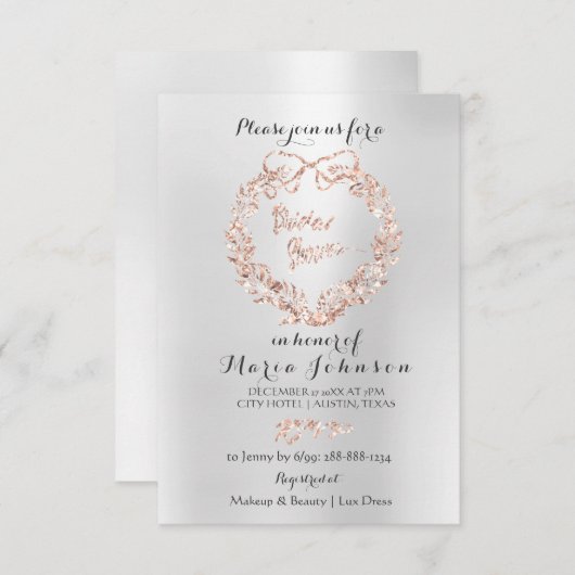 ブライダルシャワーフローラリースシルバーピンクローズ金ゴールド 招待状 (正面/裏面)