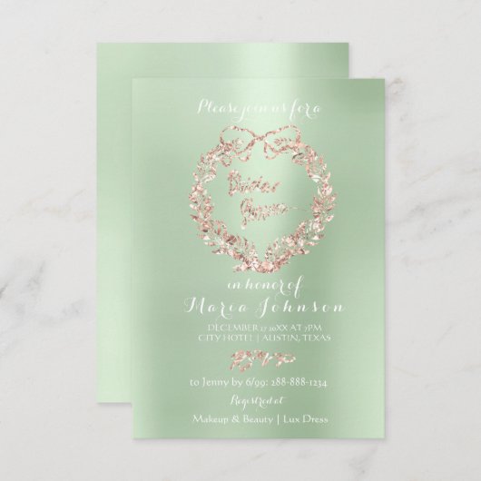 ブライダルシャワーフローラリースミントピンクローズ金ゴールド 招待状 (正面/裏面)