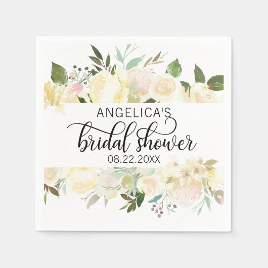 ブライダルシャワーフローラ水彩ピンクアイボリー スタンダードカクテルナプキン (正面)