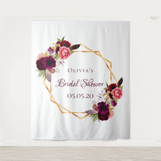 ブライダルシャワーフローラ金ゴールド幾何学的ブルゴーニュ名 タペストリー (正面)