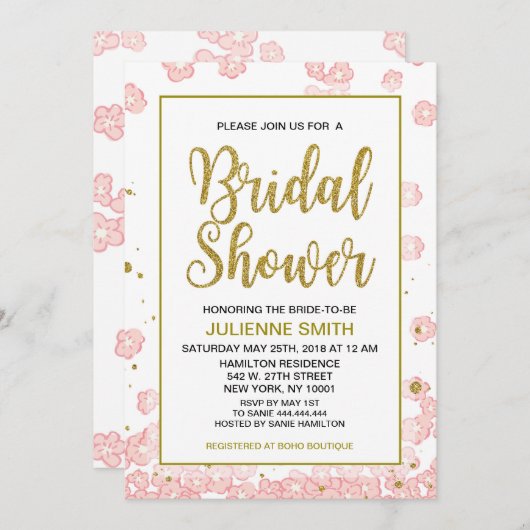 ブライダルシャワーフローラ|ピンクと金ゴールドグリッター 招待状 (正面/裏面)