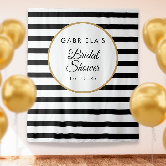 ブライダルシャワーブラックストライプ金ゴールド背景 タペストリー