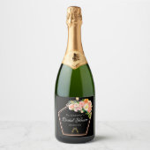 ブライダルシャワーブラック赤面フローラ幾何学 スパークリングワインラベル (正面)