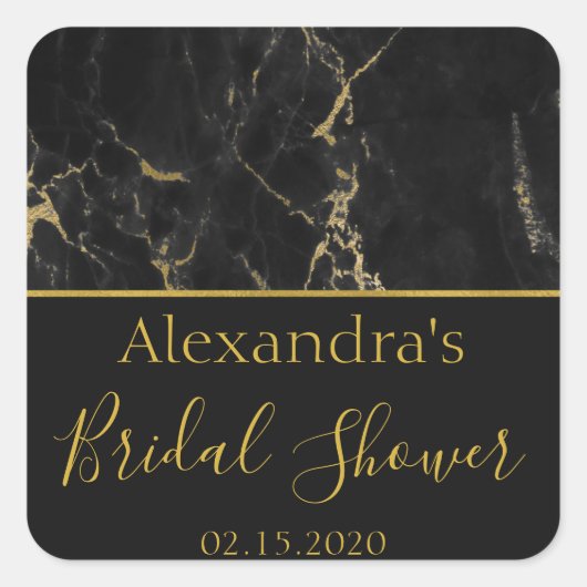 ブライダルシャワーブラック&金ゴールドエレガント大理石 スクエアシール (正面)