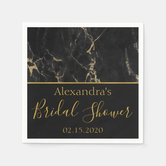 ブライダルシャワーブラック&金ゴールドエレガント大理石 スタンダードカクテルナプキン (正面)