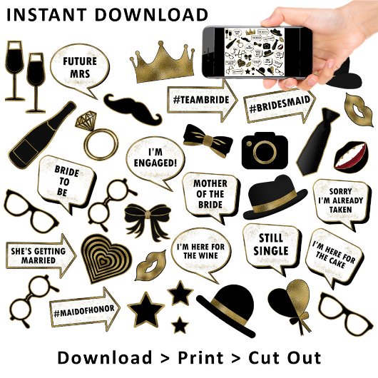 ブライダルシャワーブラック&金ゴールドフォトブースのサインプロップ ポスター