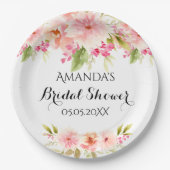 ブライダルシャワーブラッシュピンクの花のホワイトネーム ペーパープレート (正面)