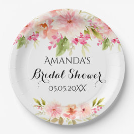 ブライダルシャワーブラッシュピンクの花のホワイトネーム ペーパープレート