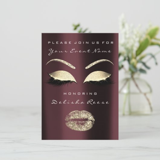 ブライダルシャワーブルガンディマルーン金ゴールドグレイグリッター 招待状 (スタンド正面)