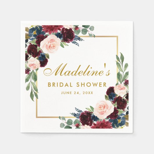 ブライダルシャワーブルガンディーブルーフローラ金ゴールドホワイト スタンダードカクテルナプキン (正面)