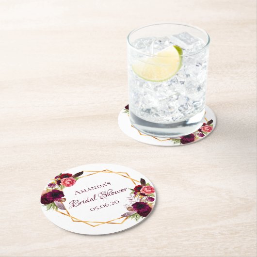ブライダルシャワーブルゴーニュの花ジオメトリック金ゴールド ラウンドペーパーコースター (インサイチュ)