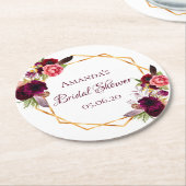 ブライダルシャワーブルゴーニュの花ジオメトリック金ゴールド ラウンドペーパーコースター (アングル)