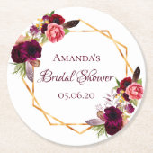 ブライダルシャワーブルゴーニュの花ジオメトリック金ゴールド ラウンドペーパーコースター (正面)