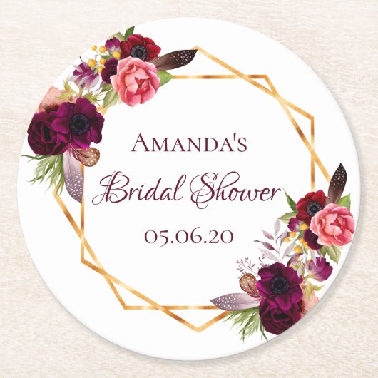 ブライダルシャワーブルゴーニュの花ジオメトリック金ゴールド ラウンドペーパーコースター (正面)