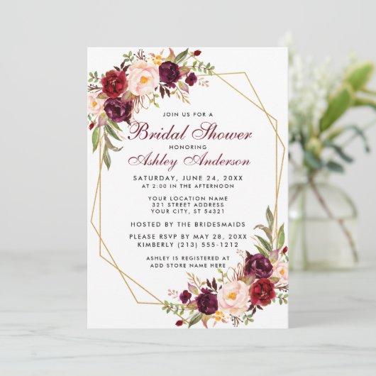 ブライダルシャワーブルゴーニュフローラ幾何学的金ゴールドフレーム 招待状 (スタンド正面)