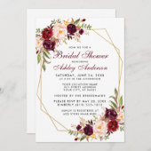 ブライダルシャワーブルゴーニュフローラ幾何学的金ゴールドフレーム 招待状 (正面/裏面)