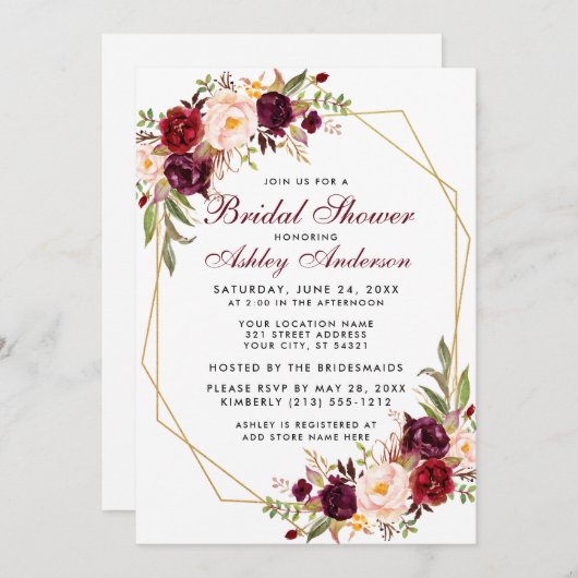 ブライダルシャワーブルゴーニュフローラ幾何学的金ゴールドフレーム 招待状 (正面/裏面)