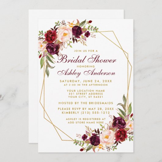 ブライダルシャワーブルゴーニュフローラ幾何学金ゴールド 招待状 (正面/裏面)