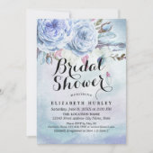 ブライダルシャワーブルーウォーターカラーボホフローラ羽毛 招待状 (正面)