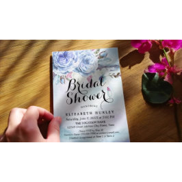 ブライダルシャワーブルーウォーターカラーボホフローラ羽毛 招待状