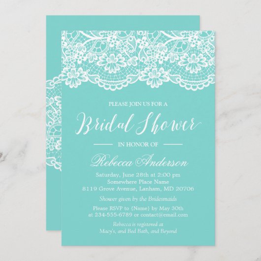 ブライダルシャワーブルーエレガントレースパターン 招待状 (正面/裏面)