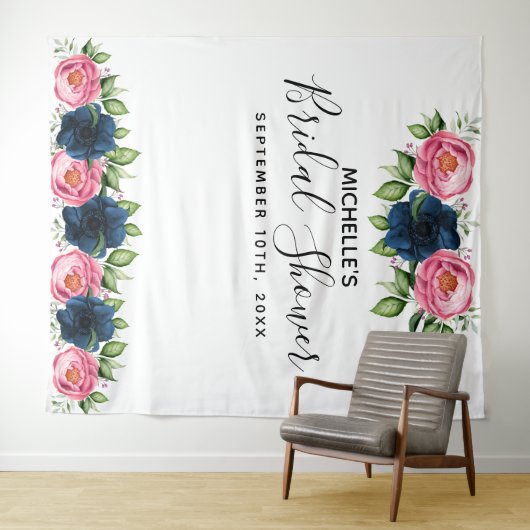 ブライダルシャワーブルーピンクほこりっぽい花模様白 タペストリー (インサイチュ(横))