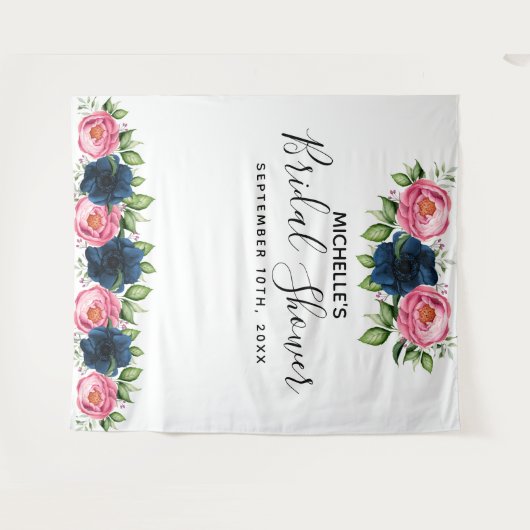 ブライダルシャワーブルーピンクほこりっぽい花模様白 タペストリー (正面(横))