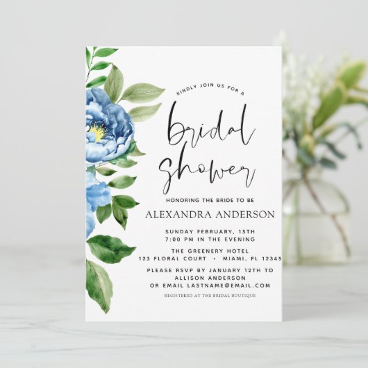 ブライダルシャワーブルーフローラ緑の花 招待状 (スタンド正面)