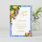 ブライダルシャワーブルーホワイトタイルレモンフローラ 招待状 (スタンド正面)
