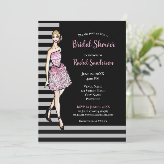 ブライダルシャワーブロンドガールとピンクローゼドレス 招待状 (スタンド正面)