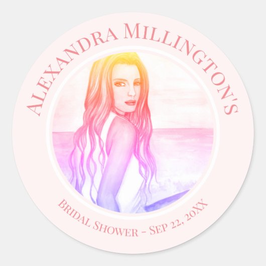 ブライダルシャワーブロンドヘアガールオンビーチ ラウンドシール (正面)