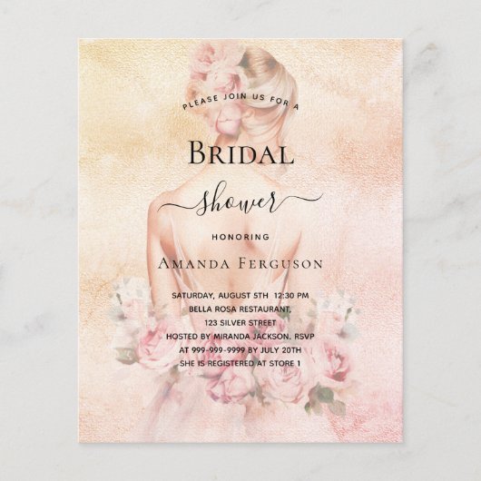 ブライダルシャワーブロンド花嫁バラ予算の招待 チラシ (正面)