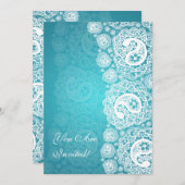 ブライダルシャワーペイズリーエレガントレースブルー 招待状 (正面/裏面)