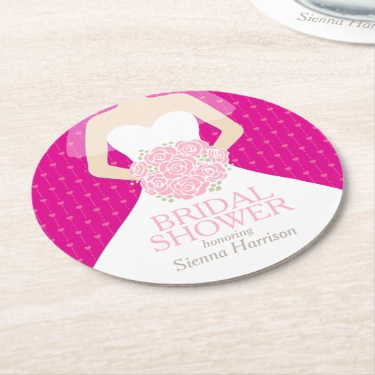 ブライダルシャワーホットピンクのホワイトドレスカスタムコースター ラウンドペーパーコースター (アングル)