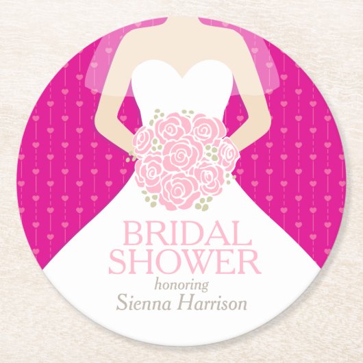 ブライダルシャワーホットピンクのホワイトドレスカスタムコースター ラウンドペーパーコースター (正面)
