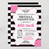 ブライダルシャワーホットピンク牡丹白黒ストライプ 招待状 (正面/裏面)