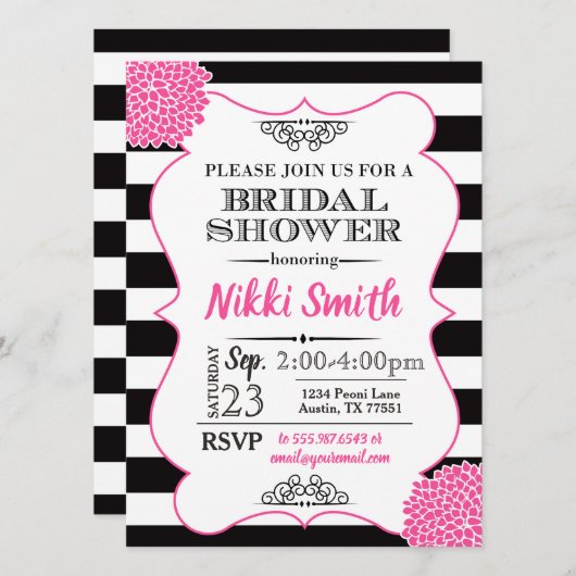 ブライダルシャワーホットピンク牡丹白黒ストライプ 招待状 (正面/裏面)